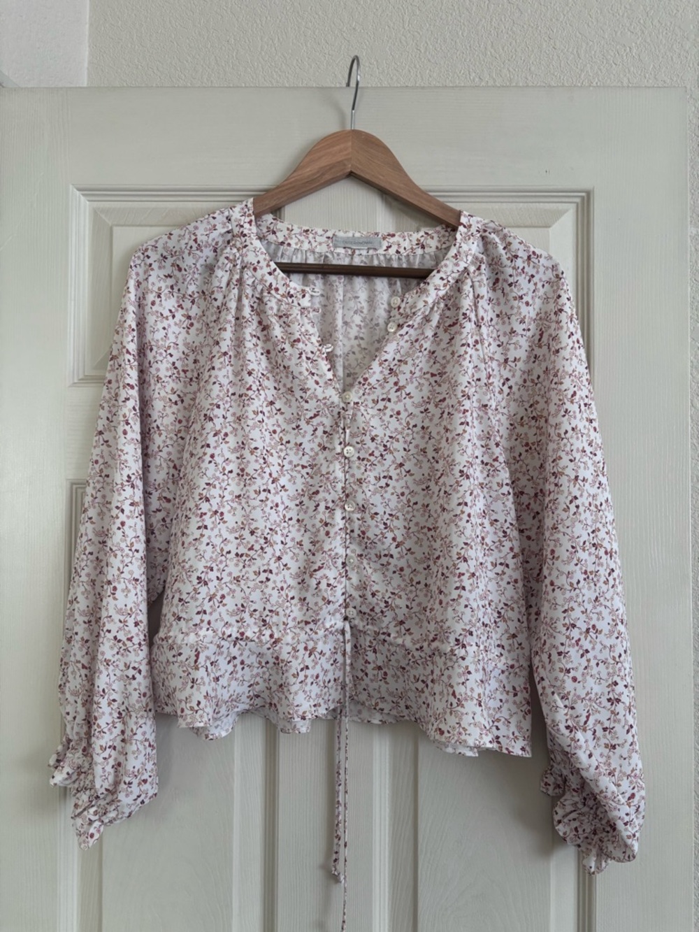 Outerknown White Floral Drawstring Button-Front Blouse